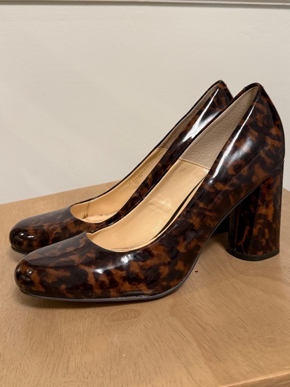 Isola Tortoiseshell Brown Patent Block Heel Pumps